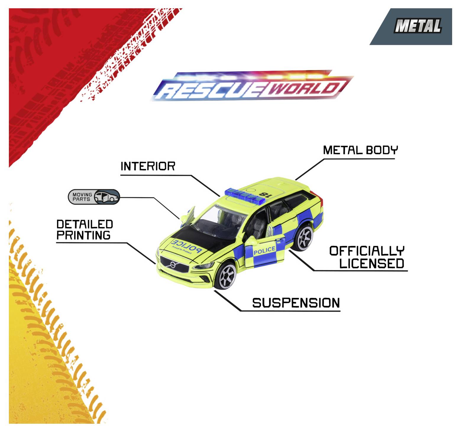 A toy police car model with labels: 'Interior', 'Detailed Printing', 'Metal Body', 'Officially Licensed', 'Suspension'. 'Rescue World' logo at top.