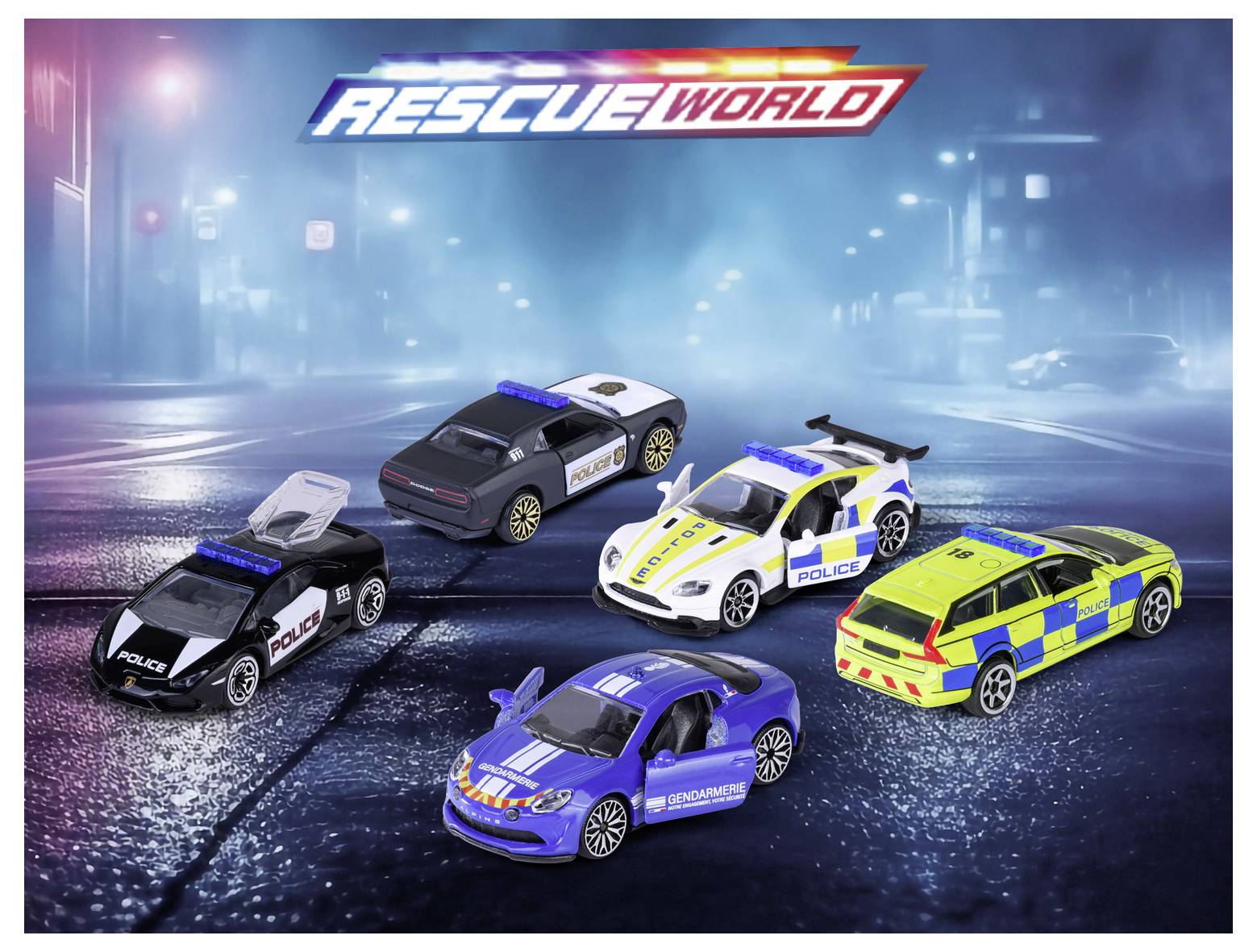 Toy police cars on a wet, glowing city street under 'Rescue World' banner, illustrating a theme of excitement and urban safety.