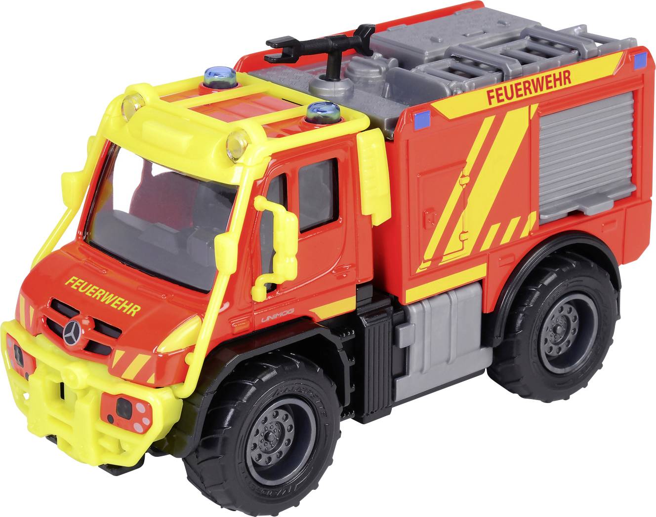 A red and yellow toy fire truck with 'Feuerwehr' written on it, featuring detailed wheels, a ladder, and emergency lights on top.
