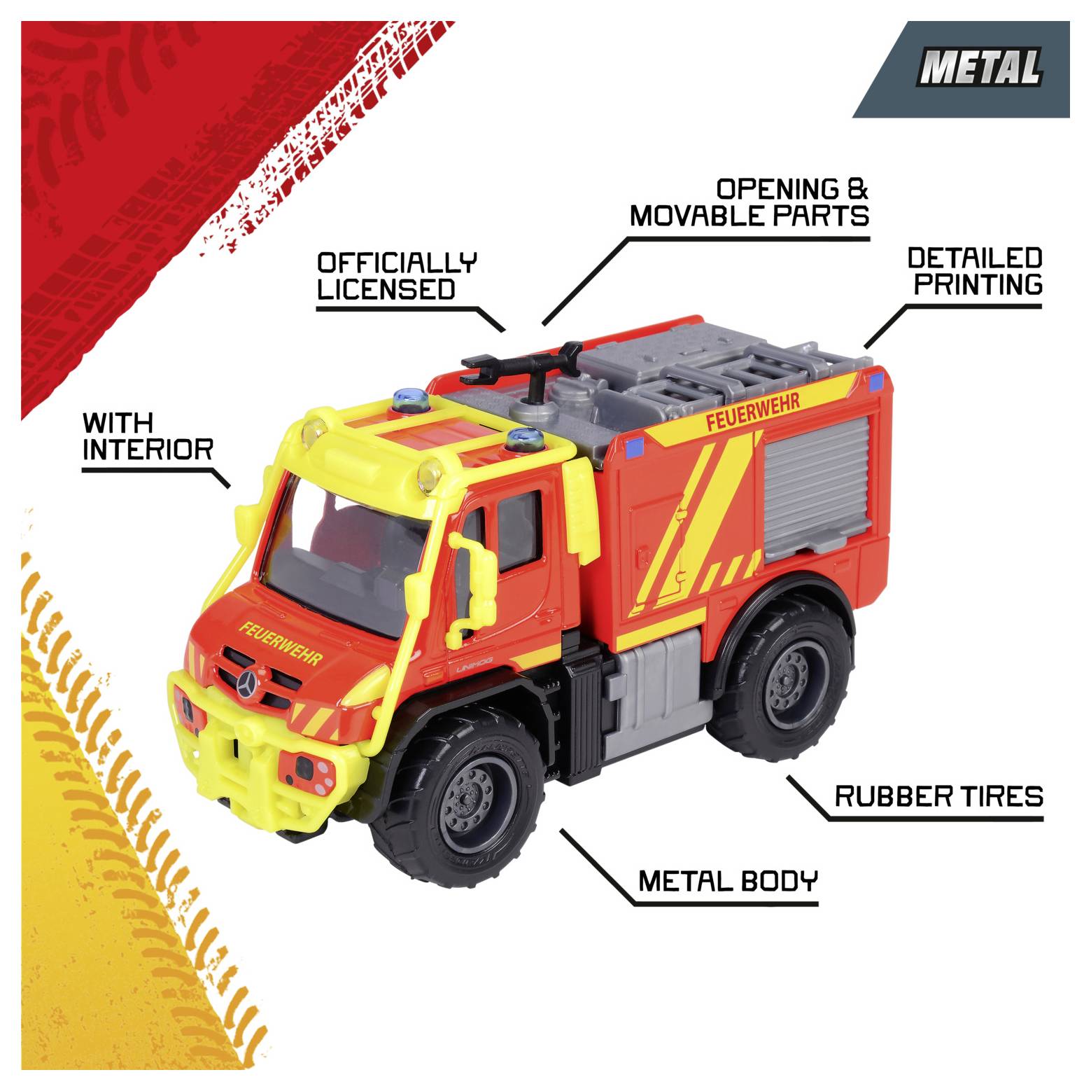 'Officially licensed, detailed toy fire truck with metal body, rubber tires, and opening parts. Interior visible. Marked 'Feuerwehr'.'