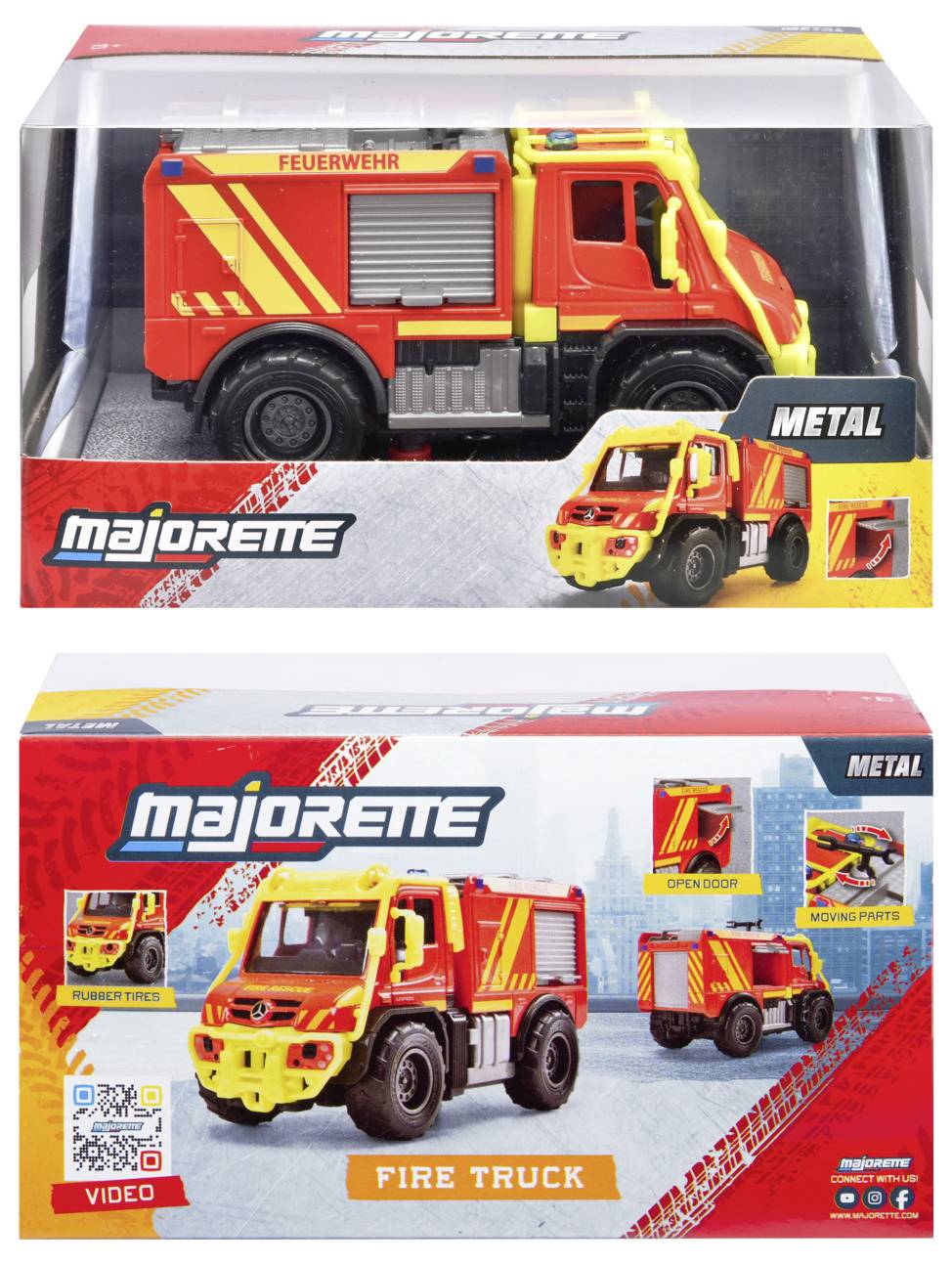 'Majorette' branded toy fire truck box with product images, featuring a bright red and yellow fire engine with moveable parts.