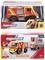 'Majorette' branded toy fire truck box with product images, featuring a bright red and yellow fire engine with moveable parts.