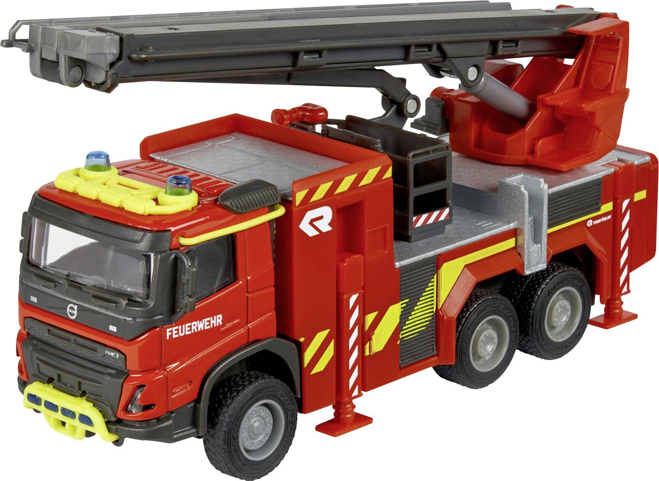 A red toy fire truck with an extended ladder and yellow accents, featuring the word 'Feuerwehr' on the side.