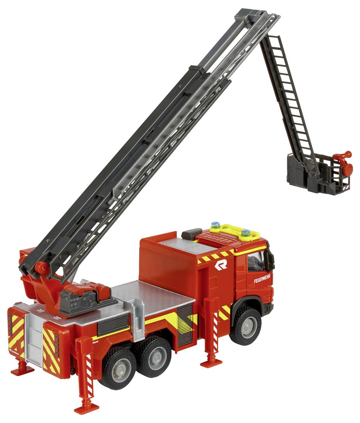 'Red fire truck toy with an extended gray ladder and basket. The truck has stabilizing supports and detailed markings for realism.'