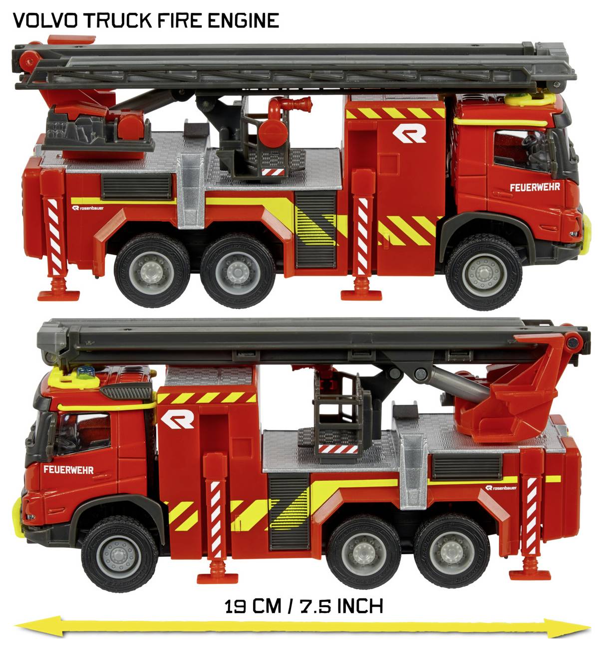 Two side views of a red toy fire engine with an extendable ladder. Text: 'VOLVO TRUCK FIRE ENGINE', length shown as '19 CM / 7.5 INCH'.