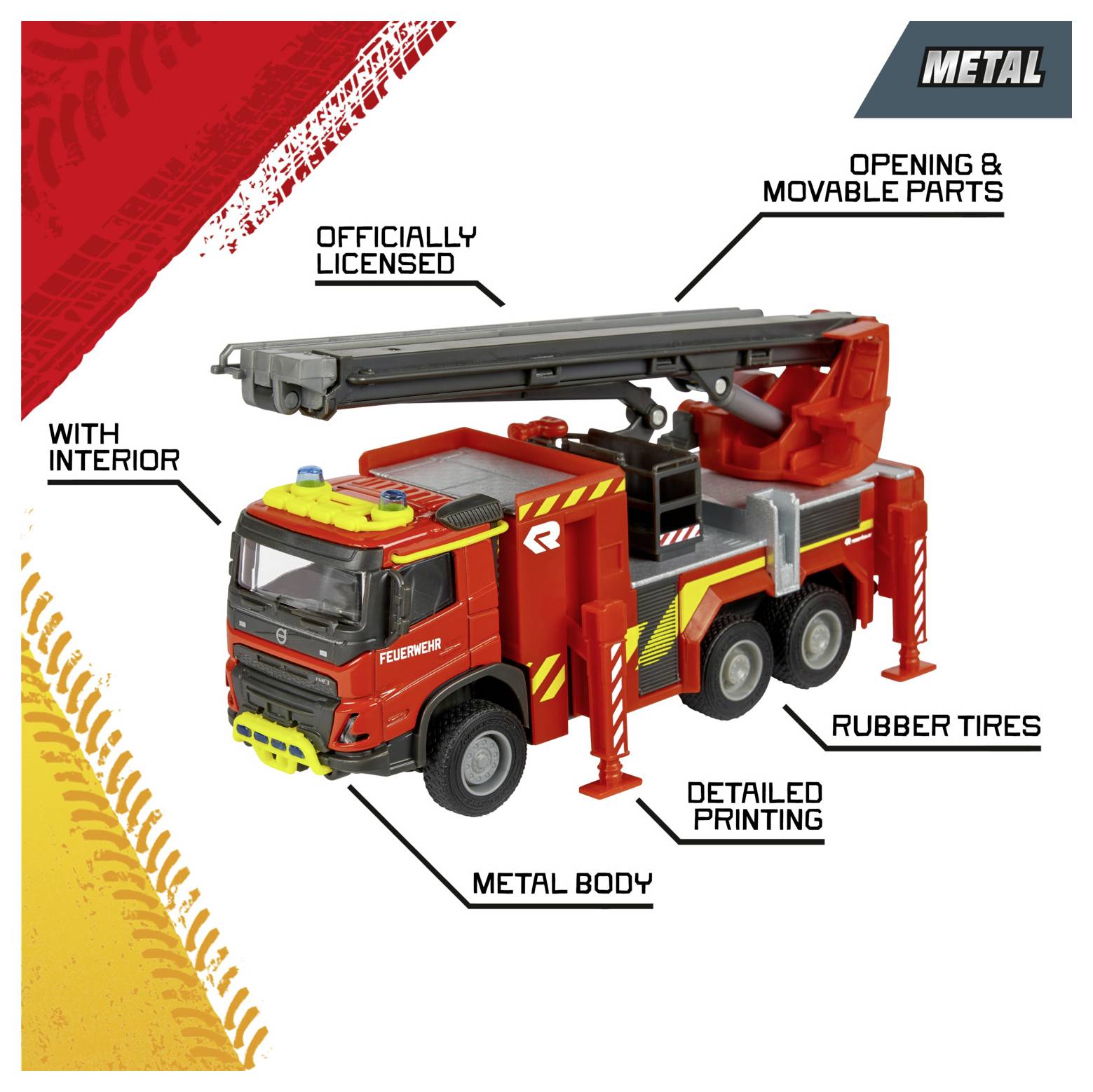 'Metal fire truck toy with detailed features: rubber tires, metal body, opening parts, detailed printing, and interior.'