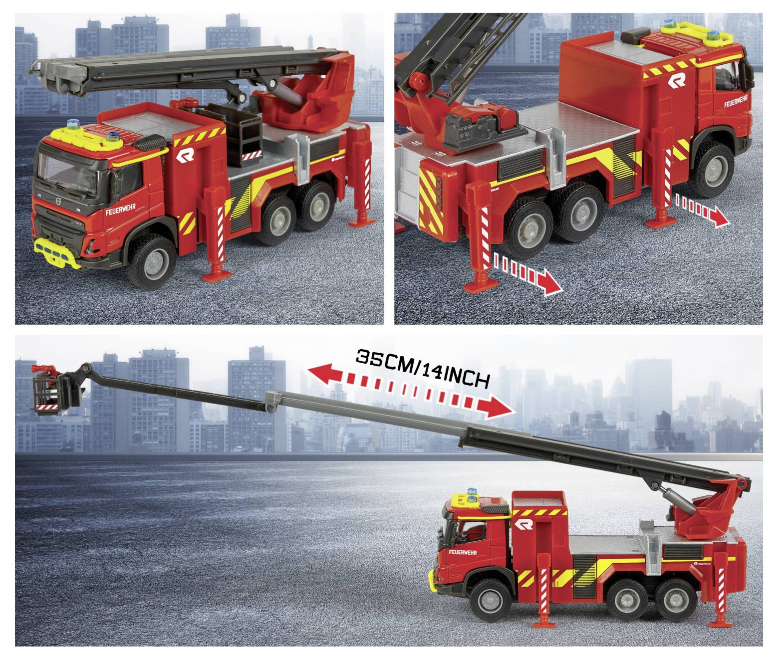 Red toy fire truck with extendable ladder, shown from different angles. Ladder extends to 35 cm (14 inches), depicted with arrows.