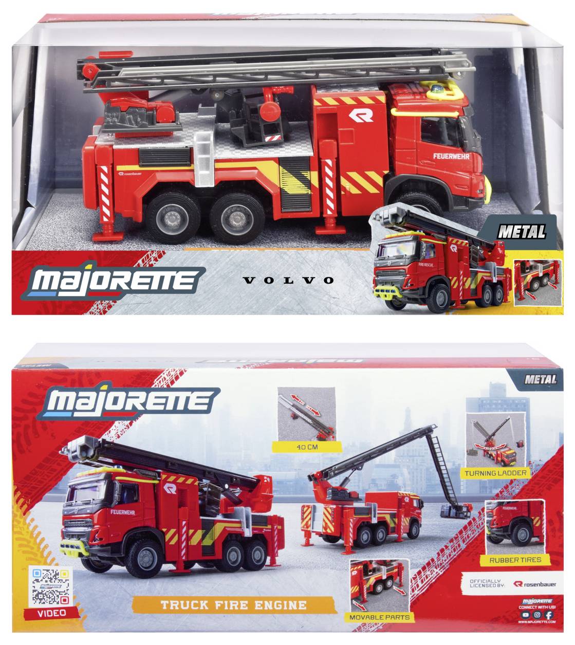 Toy fire truck in packaging, labeled 'Majorette' and 'Volvo.' Features images of the truck with movable parts like ladder and wheels.