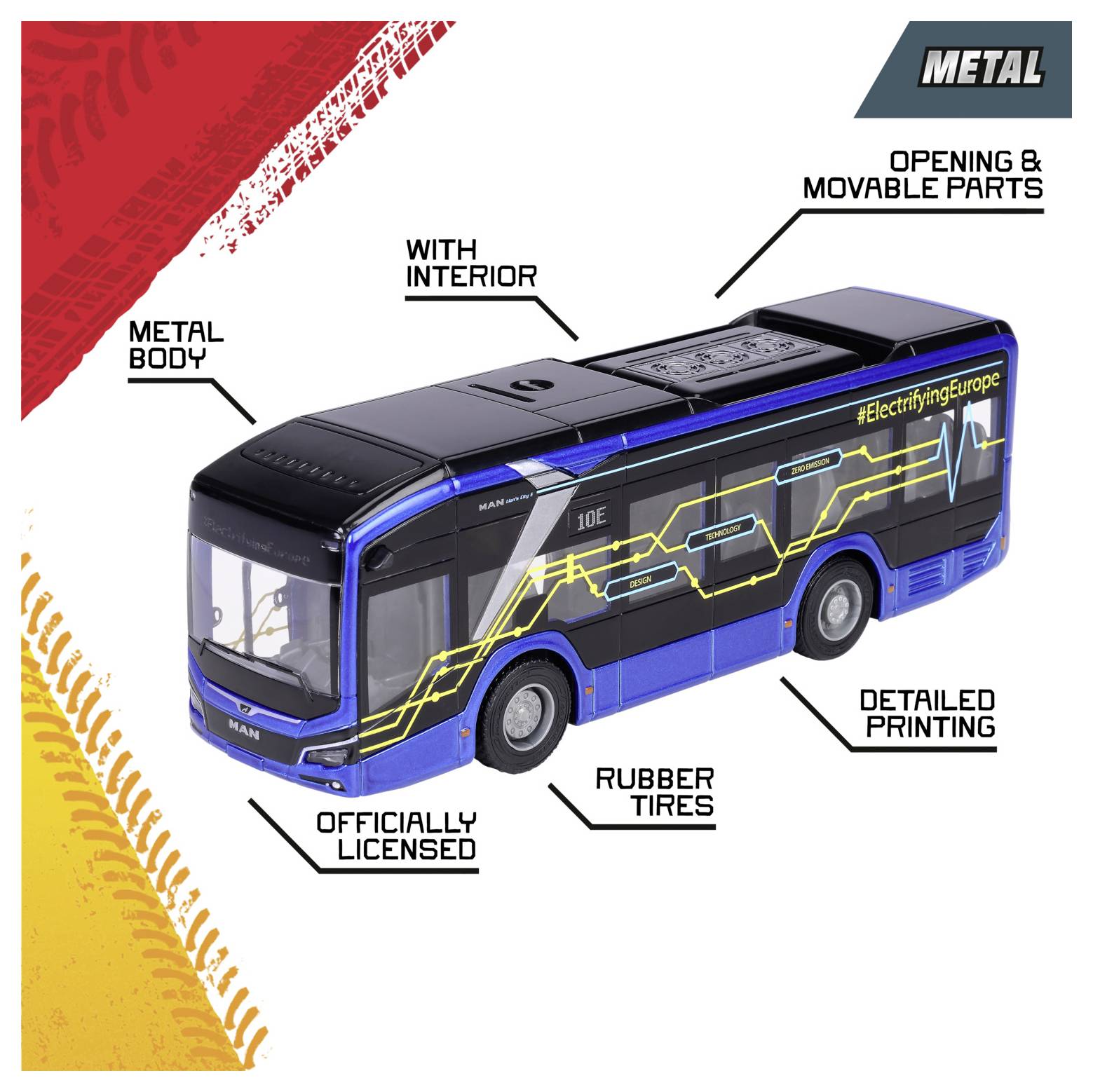 Officially licensed miniature bus model with metal body, rubber tires, detailed printing, interior, and movable parts.