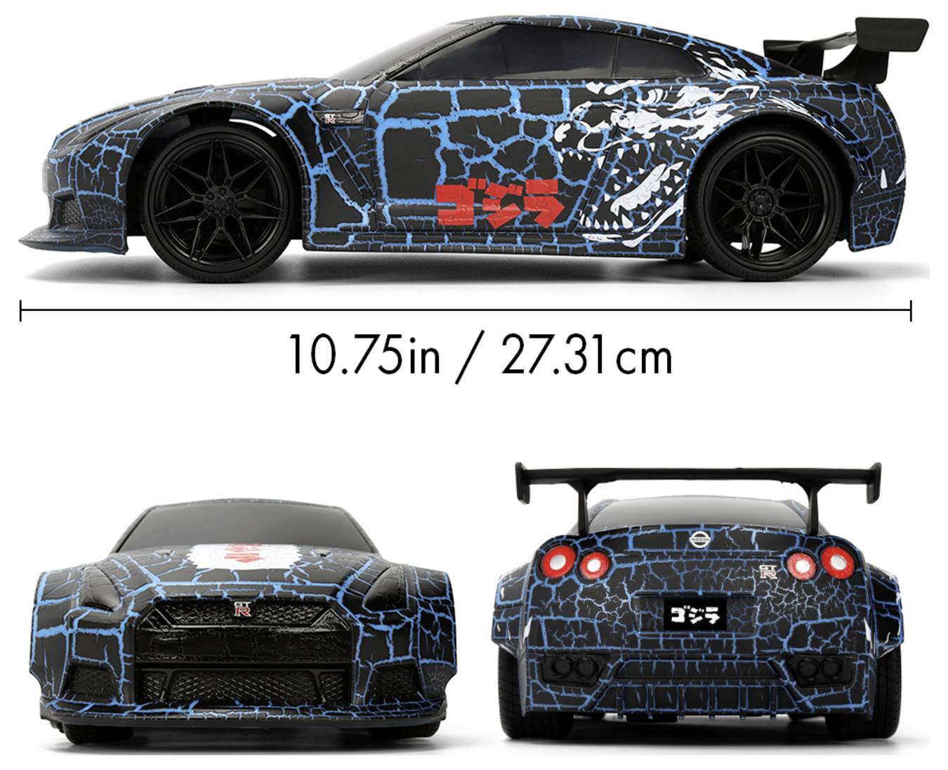 Scale model of a sports car with a blue, cracked pattern and dragon design. The dimensions are 10.75 inches or 27.31 cm.