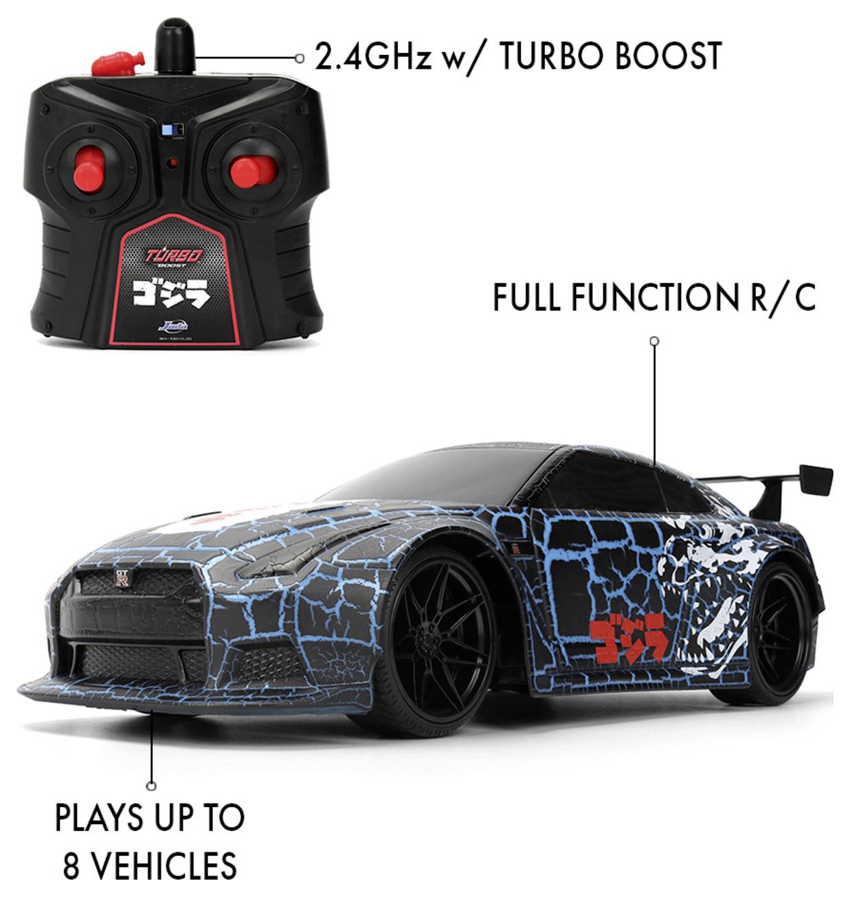 Remote control and toy car with blue dragon design, labeled '2.4GHz with Turbo Boost' and 'Full Function R/C'. Plays up to 8 vehicles.