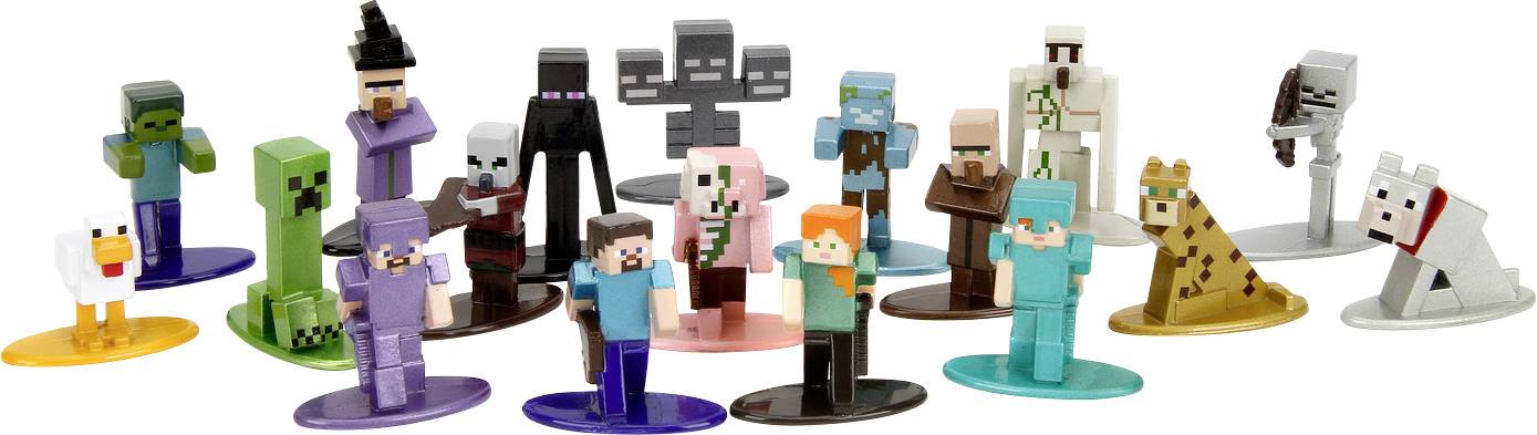 A collection of various Minecraft character figurines in different poses, including a creeper, zombie, enderman, and animals, on stands.