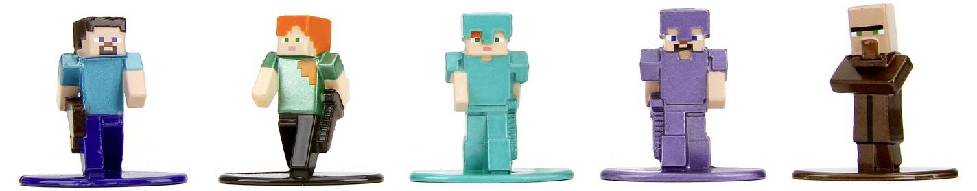 Five Minecraft character figures stand in a row, each on a circular base. They feature diverse outfits and colors, representing game roles.