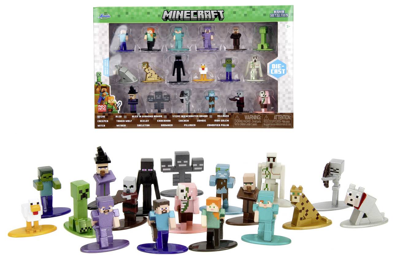 The image shows a boxed Minecraft collectibles set featuring 20 die-cast figures including characters and creatures from the game.