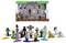 Box with 'Minecraft' figures and various character figurines displayed below, including Steve, Alex, and Creeper, on colorful stands.