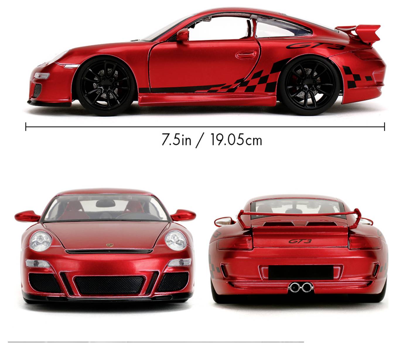 Red sports car model shown from side, front, and rear views. Dimensions indicated: 7.5 inches or 19.05 cm in length.