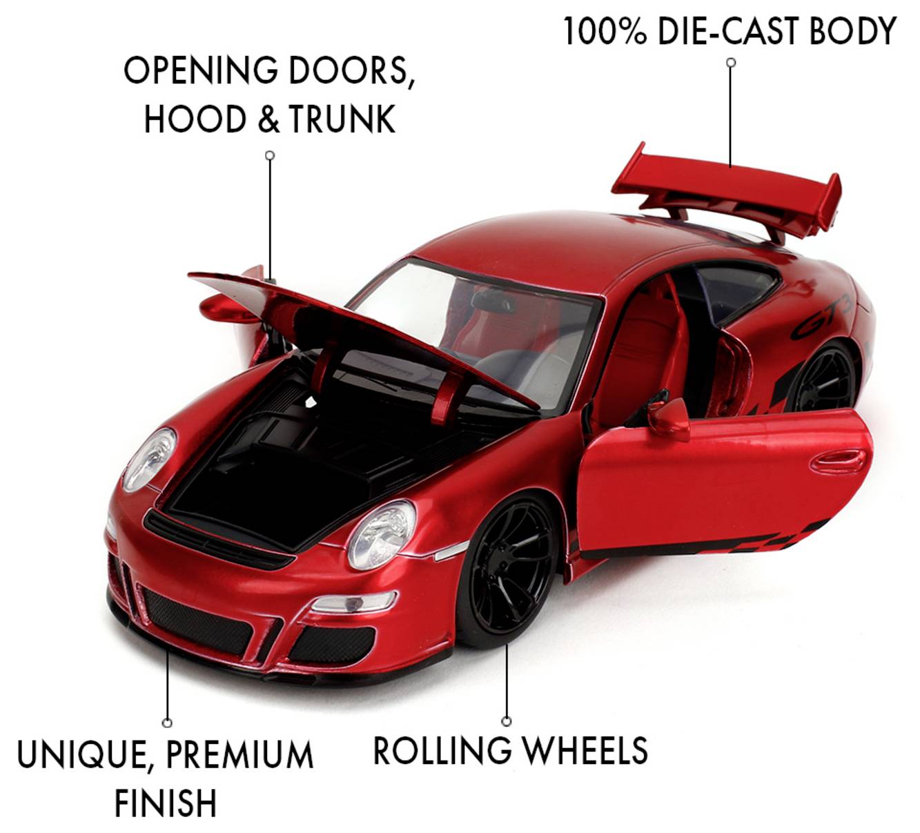 Red die-cast model car with open doors, hood, and trunk. Features include unique finish, rolling wheels, and 100% die-cast body.