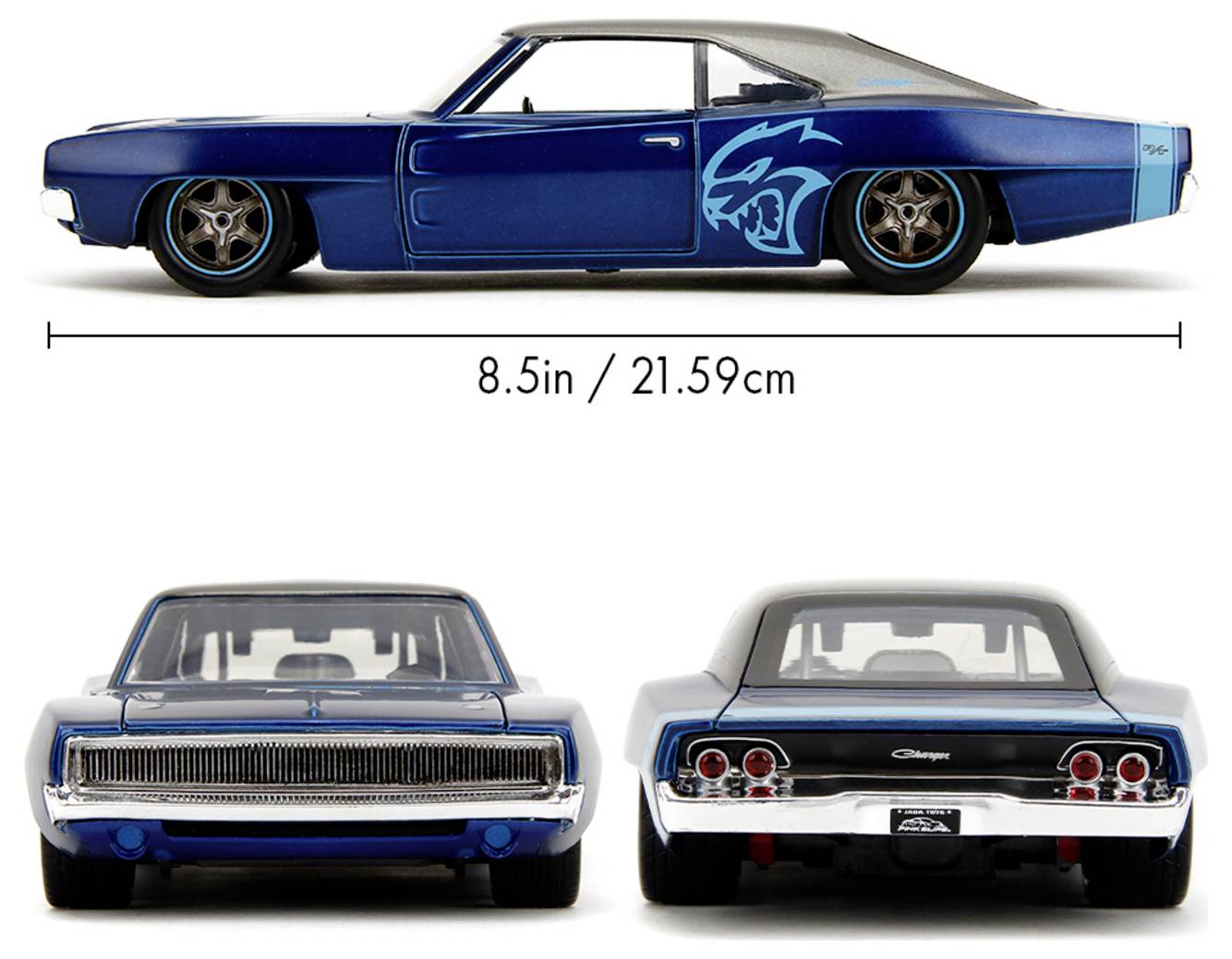 A blue-scale model muscle car is shown in side, front, and rear views, with a stylized animal decal; measures 8.5 in/21.59 cm.