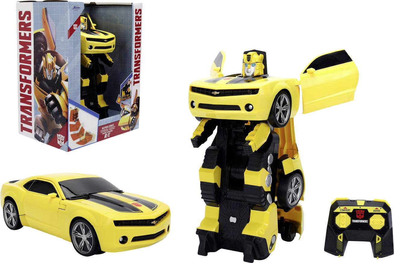 A yellow toy car that transforms into a robot, with toy box and remote control shown. The car looks like a classic sports model.