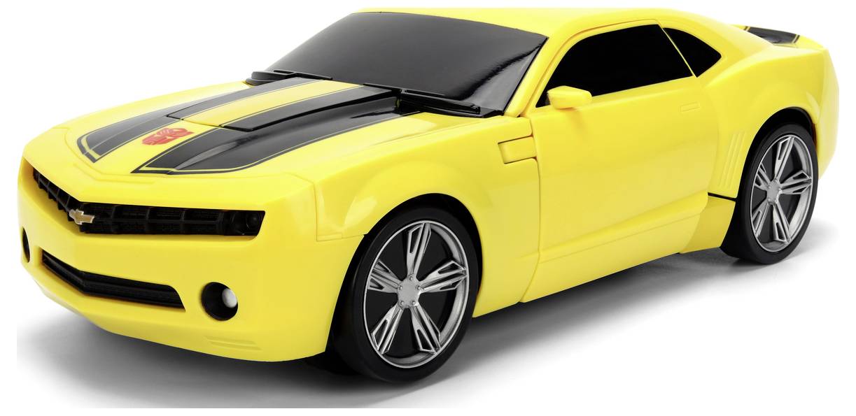 A yellow sports car with black stripes is parked, facing left. It has a sleek, modern design with large alloy wheels.