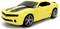 A yellow sports car with black stripes is parked, facing left. It has a sleek, modern design with large alloy wheels.