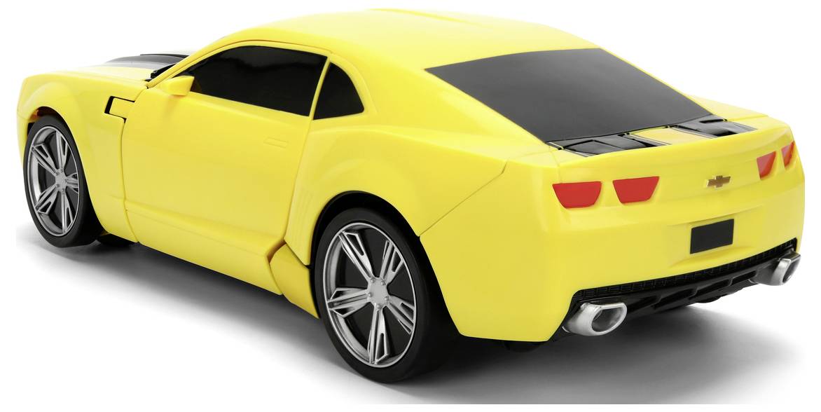 A sleek yellow sports car with tinted windows and dual exhausts, viewed from the rear side angle, parked on a smooth surface.