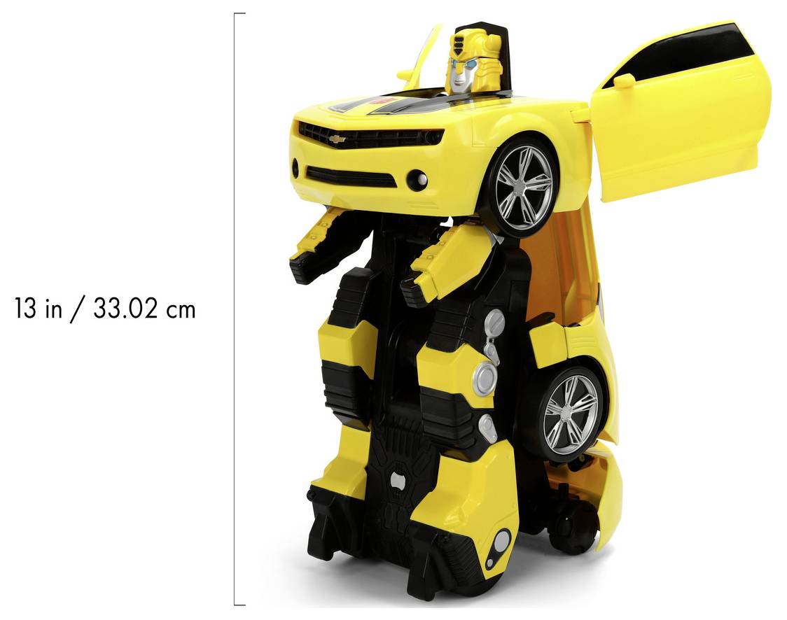 A yellow and black toy car transforms into a robot, with open doors and a measurement indicating its height as 13 inches (33.02 cm).
