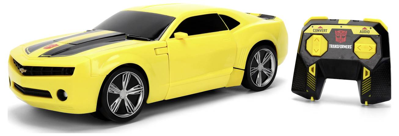 A yellow remote-controlled toy car with black stripes and a matching remote, resembling a sports car with sleek design.