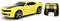 A yellow remote-controlled toy car with black stripes and a matching remote, resembling a sports car with sleek design.