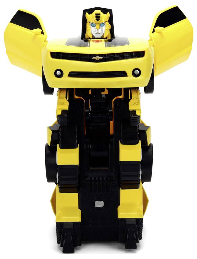 A yellow and black robotic figure resembling a humanoid standing upright, with car elements such as headlights and wheels visible.