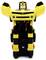 A yellow and black robotic figure resembling a humanoid standing upright, with car elements such as headlights and wheels visible.