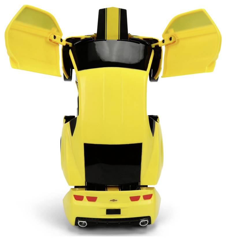 A yellow and black toy car with open doors stands upright, resembling a robot transformation.