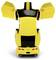 A yellow and black toy car with open doors stands upright, resembling a robot transformation.