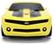 A yellow toy car with black racing stripes and a red emblem on the hood, resembling a sports model.