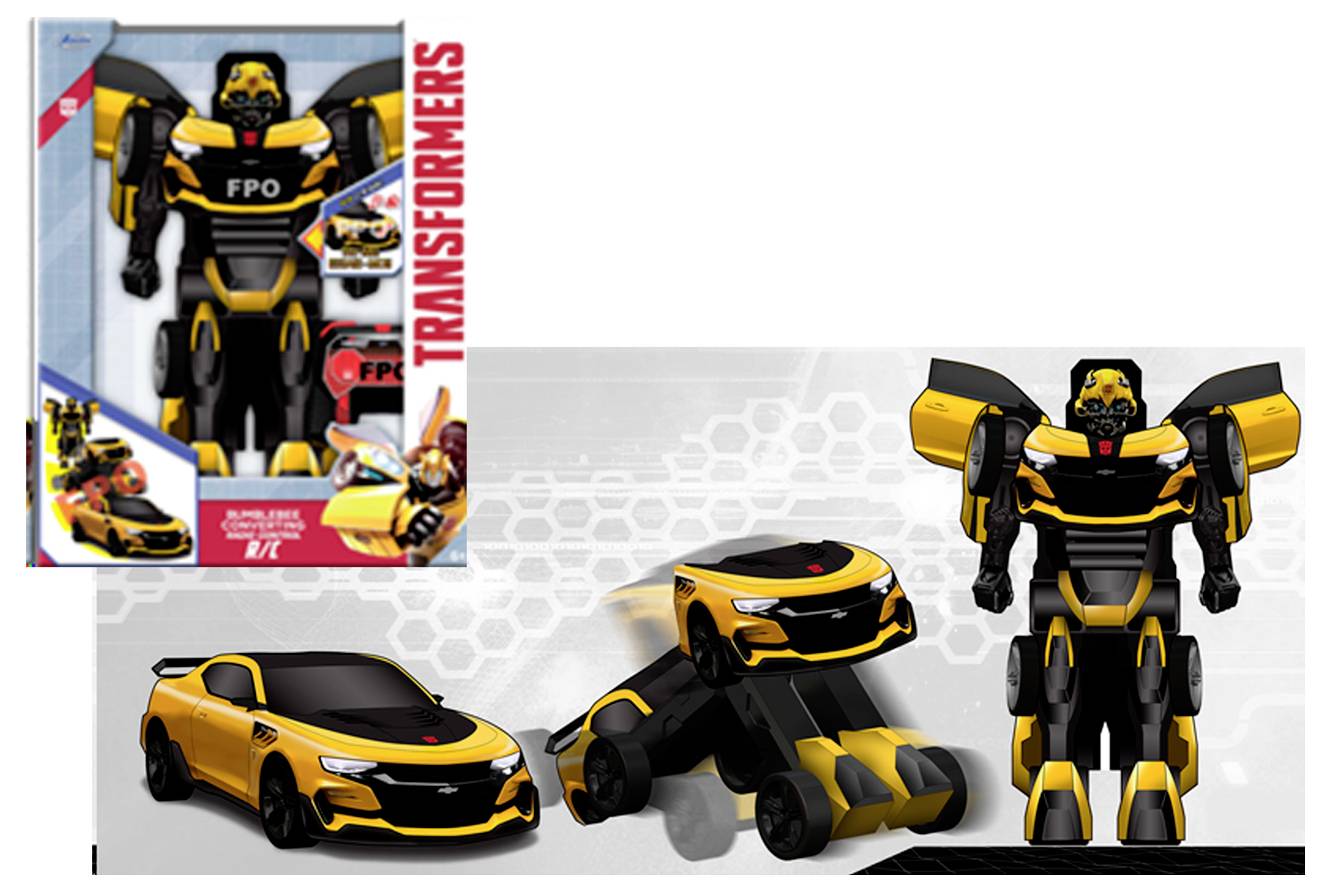 'Toy set featuring a yellow and black transforming robot with a car mode, box displays 'Transformers' branding and toy details.'