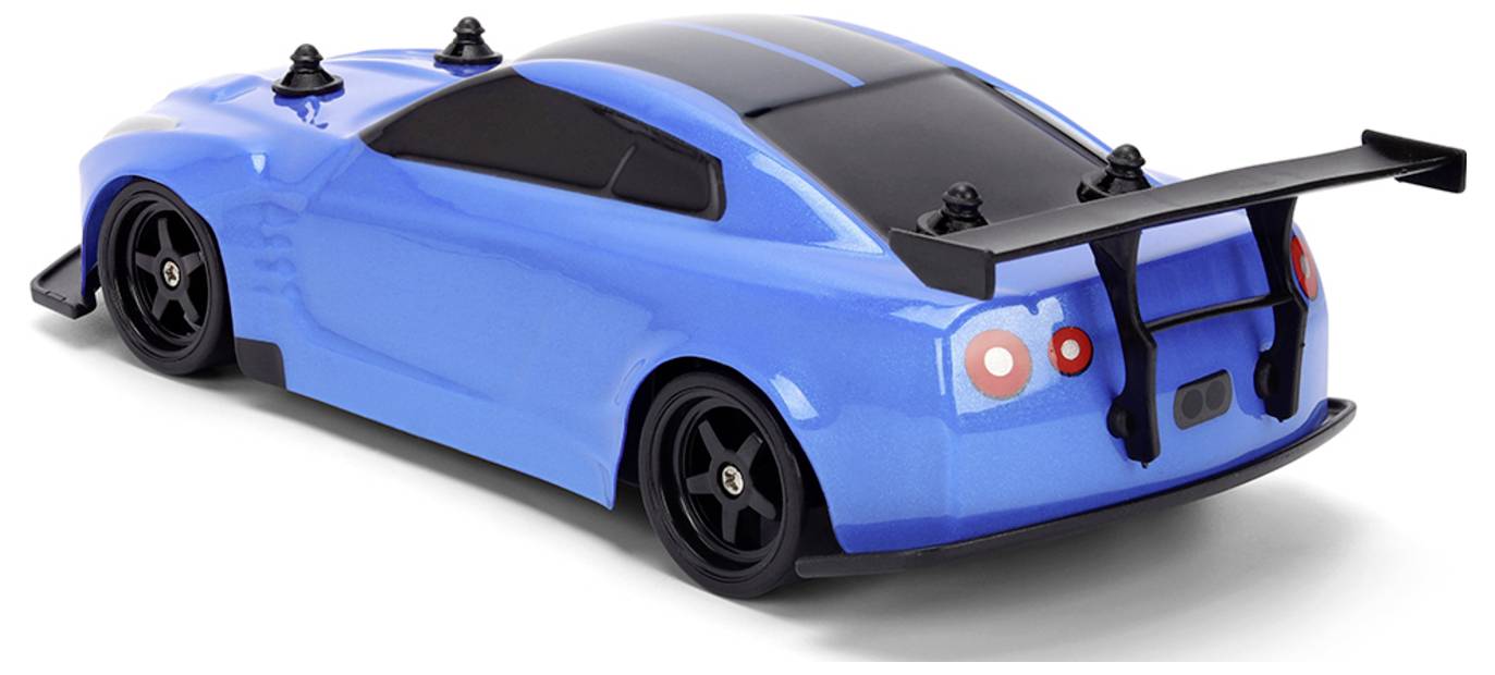 A blue toy car with a black spoiler and dark-tinted windows is shown from the rear left angle on a plain background.