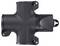 A black T-shaped connector with a circular opening on one side and a closed cylindrical end with a loop on the opposite side.