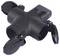 A black, four-way electrical power splitter with protective caps on each outlet, designed for outdoor use.