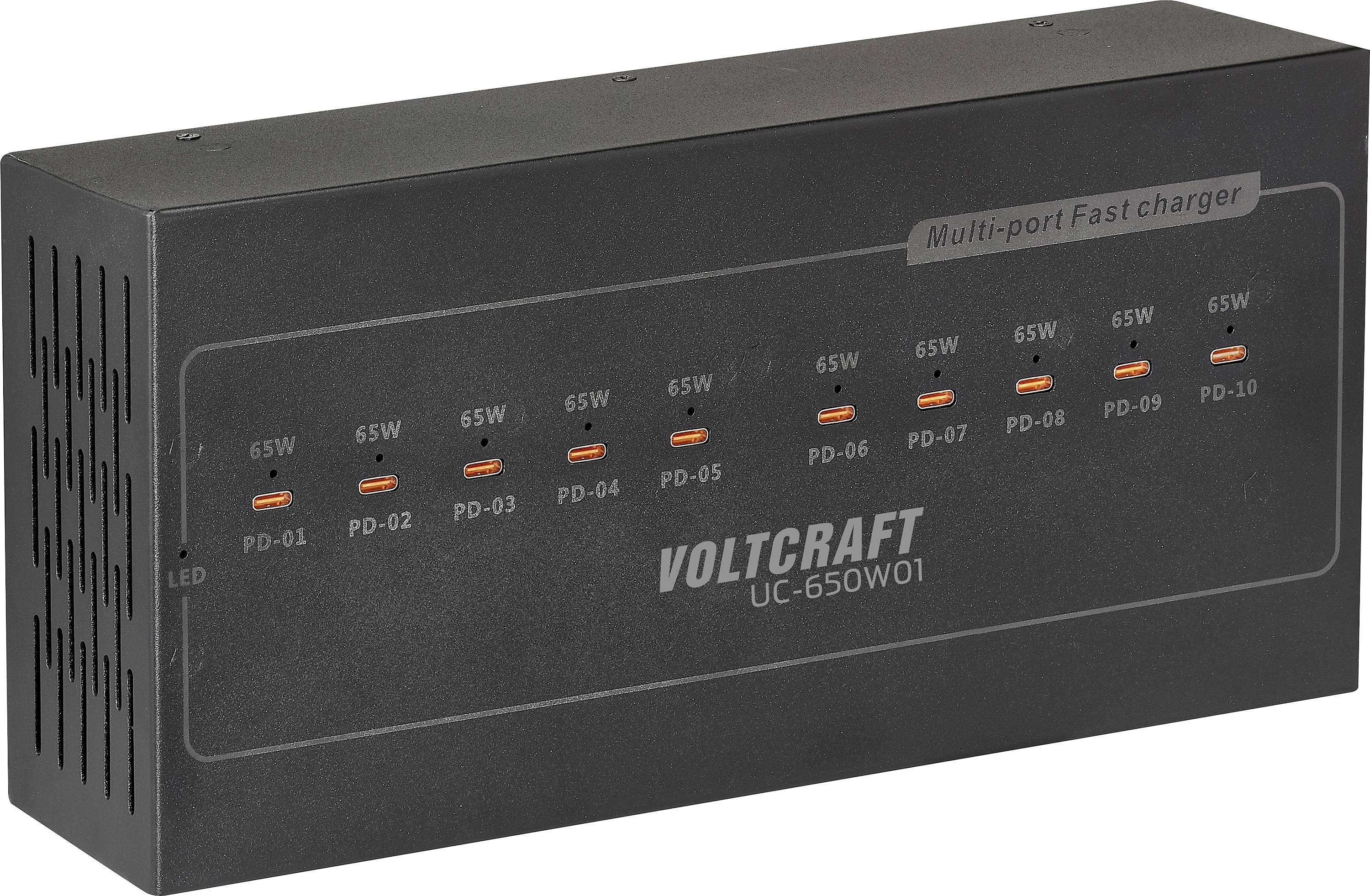 'Voltcraft UC-65DWO1 Multi-port Fastcharger' with 10 orange USB-C ports labeled PD-01 to PD-10, each port delivers 65W.