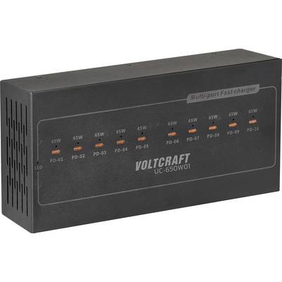 'Voltcraft UC-65DWO1 Multi-port Fastcharger' with 10 orange USB-C ports labeled PD-01 to PD-10, each port delivers 65W.