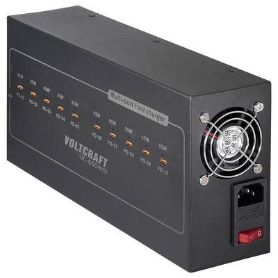 A black rectangular multi-port fast charger with ten USB ports labeled 'PD-01' to 'PD-10'. Features a fan and switch on the side.