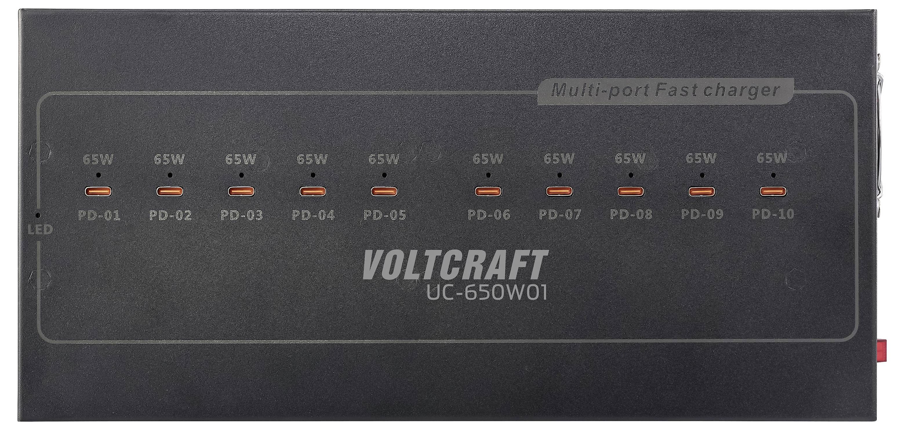'Voltcraft UC-650W01 multi-port fast charger' with ten USB-C ports, each labeled PD-01 to PD-10. All ports support 65W charging.