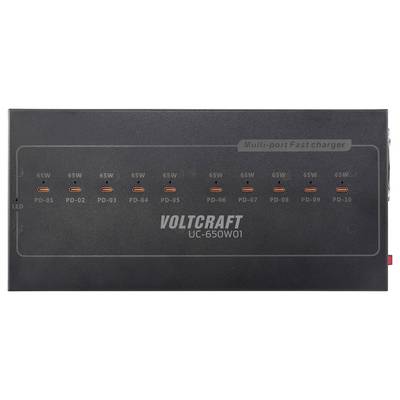 'Voltcraft UC-650W01 multi-port fast charger' with ten USB-C ports, each labeled PD-01 to PD-10. All ports support 65W charging.