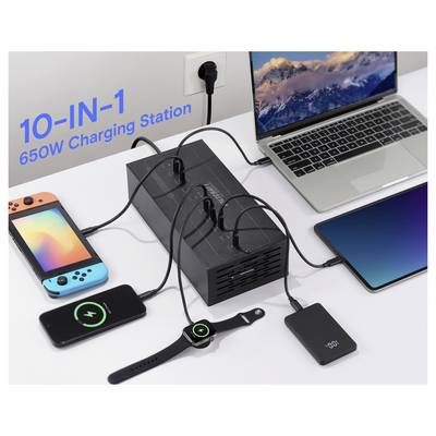 '10-in-1 650W Charging Station' connected to multiple devices including a laptop, smartphone, smartwatch, and tablet, showcasing simultaneous charging.