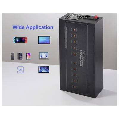 'A black Volcraft charging station, model UC-8S101, with multiple charging ports. Text: 'Wide Application' with icons of various electronic devices.'