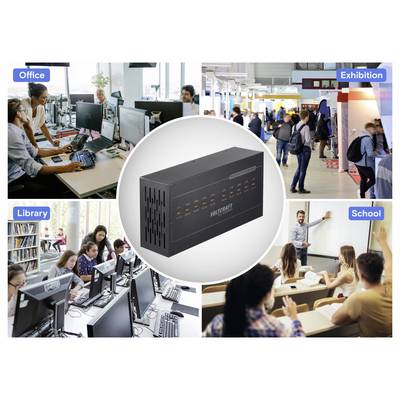 The image shows a central power device surrounded by four scenarios: an office, exhibition, library, and school classroom, illustrating versatile use.