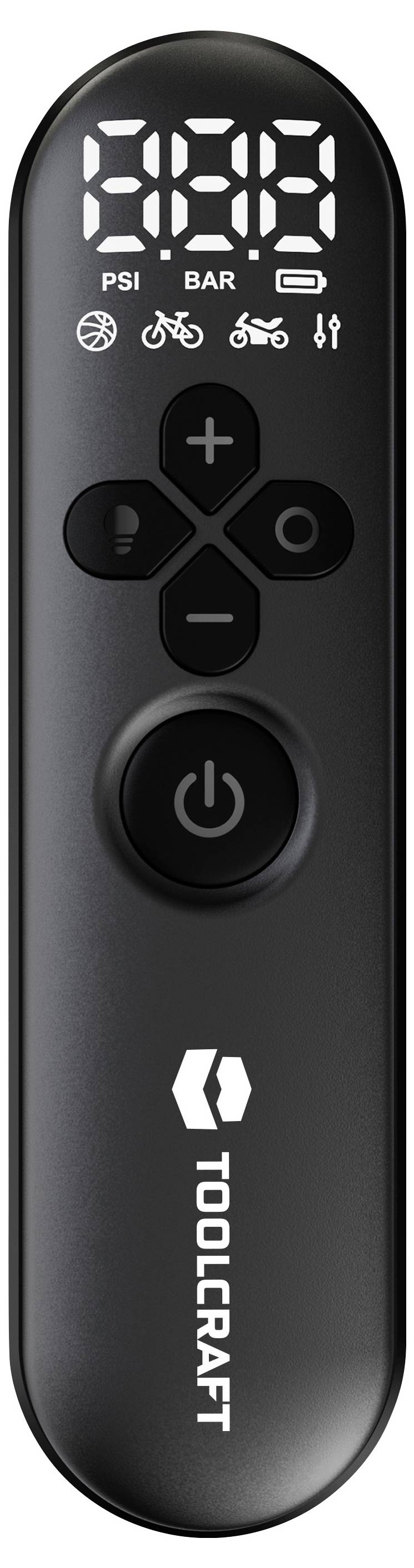 Black Toolcraft handheld inflator controller with digital PSI/BAR display, mode icons, directional buttons, and power button.