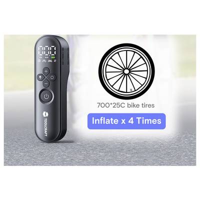 Portable electric bike pump with digital display and buttons, shown beside a wheel icon and text '700*25C bike tires' and 'Inflate x 4 Times'.