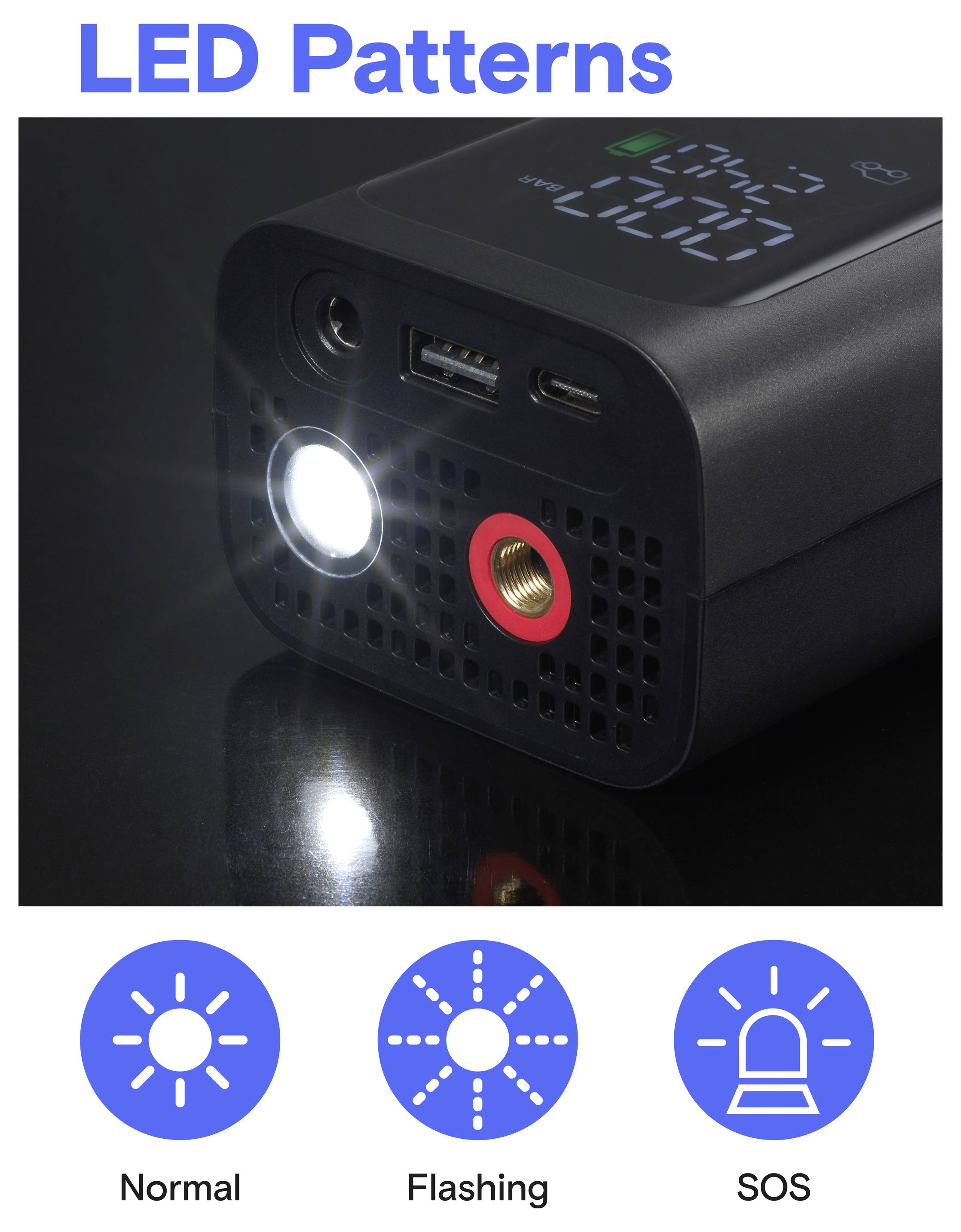 'LED Patterns' shows a device with flashlight options: Normal, Flashing, and SOS. The top text highlights 'LED Patterns' in blue.
