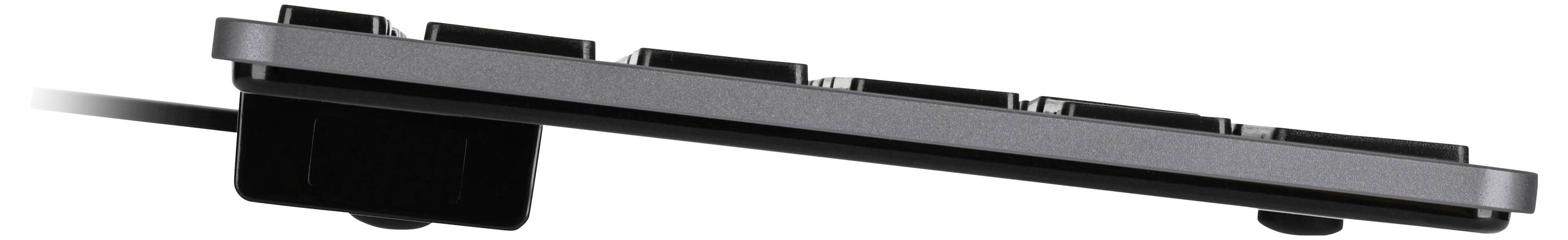 'Side view of a sleek, low-profile black keyboard with a visible attached cable.'